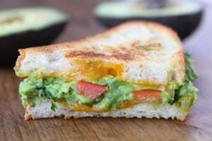 Side view of guacamole grilled cheese cut in half with avocados in the background. 