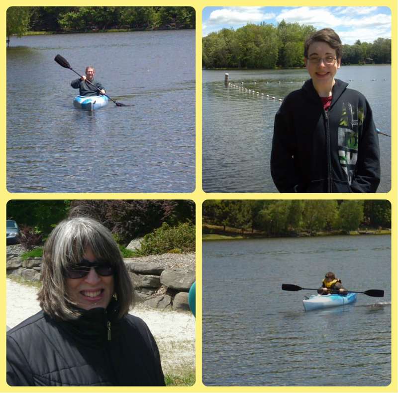 Four panel grid of people kayaking and posing in front of a lake. 
