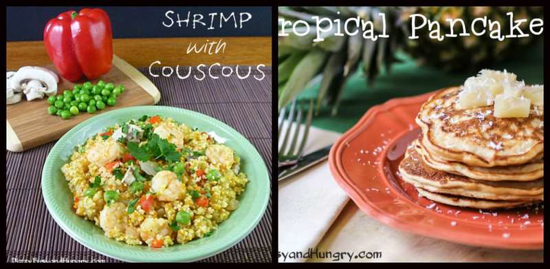 Collage of two recipes- Shrimp with Couscous and tropical pancakes. 
