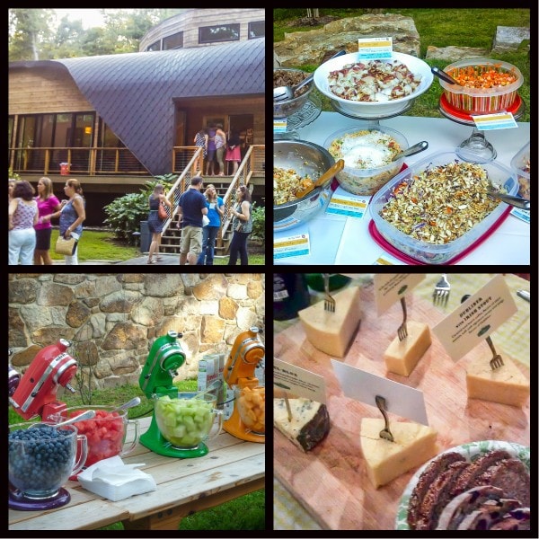 Collage of four party pictures- fruit bowls, dinner buffet, and dessert samplers. 