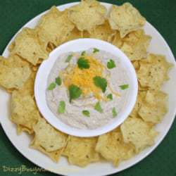 Overhead shot of tortilla chips in a ring around a white bowl of chipotle cheese dip garnished with parsley and shredded cheese.