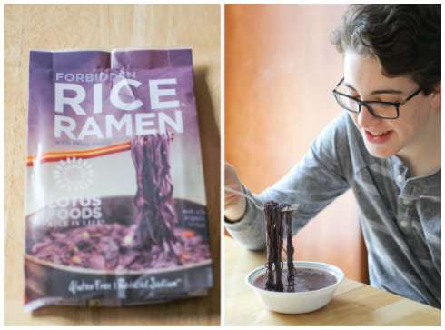 Two panel collage of a teenage boy eating a bowl of ramen and the package of purple rice ramen. 