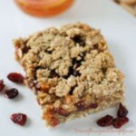 Close up shot of whole grain cranberry apricot bar on a white plate with cranberries sprinkled around.
