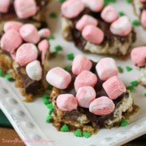Close up shot of peppermint marshmallow rice cakes on a white plate.