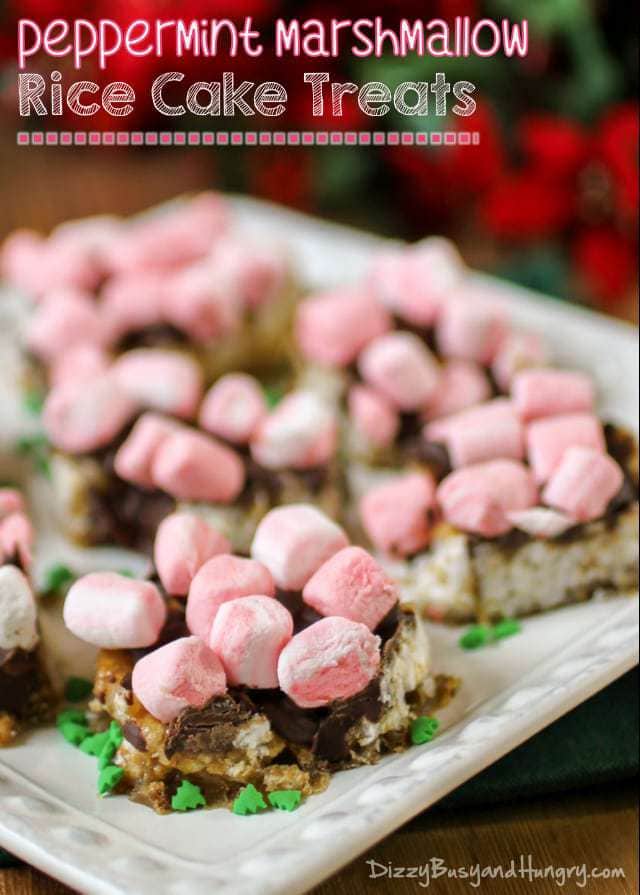 Close up shot of peppermint marshmallow rice cakes on a white plate. 