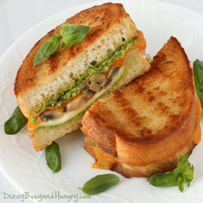 Overhead view of two halves of broccoli pesto mushroom grilled cheese stacked on a white plate garnished with herbs. 