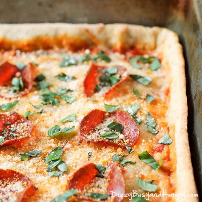 Easy Pan Pizza | DizzyBusyandHungry.com - DIY pan pizza is easy, delicious, and healthier than delivery!