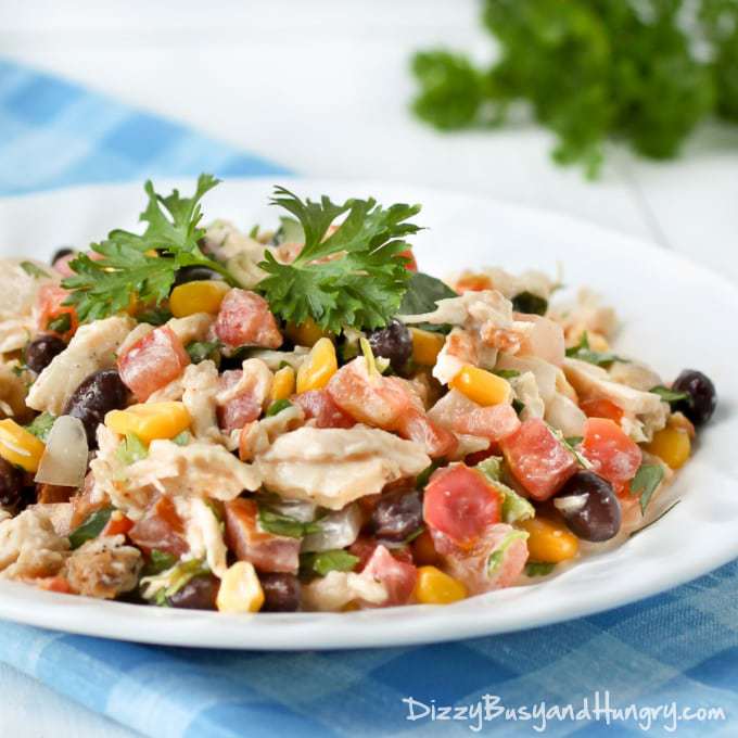 Close up shot of fiesta chicken salad on a white plate on a blue cloth with herbs in the background. 