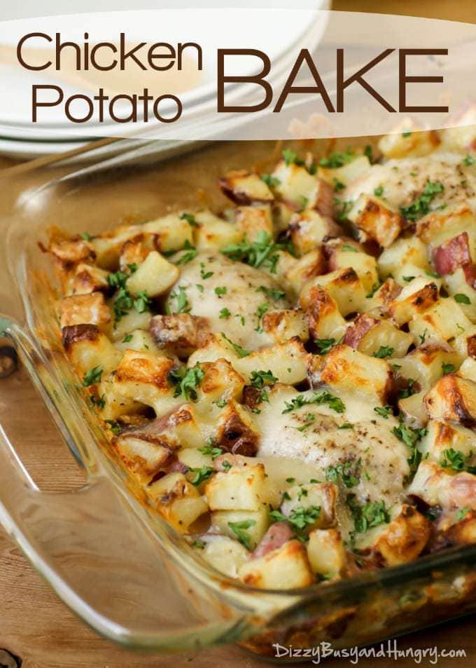 Overhead View of Chicken Potato Bake with melted cheese in a clear casserole dish