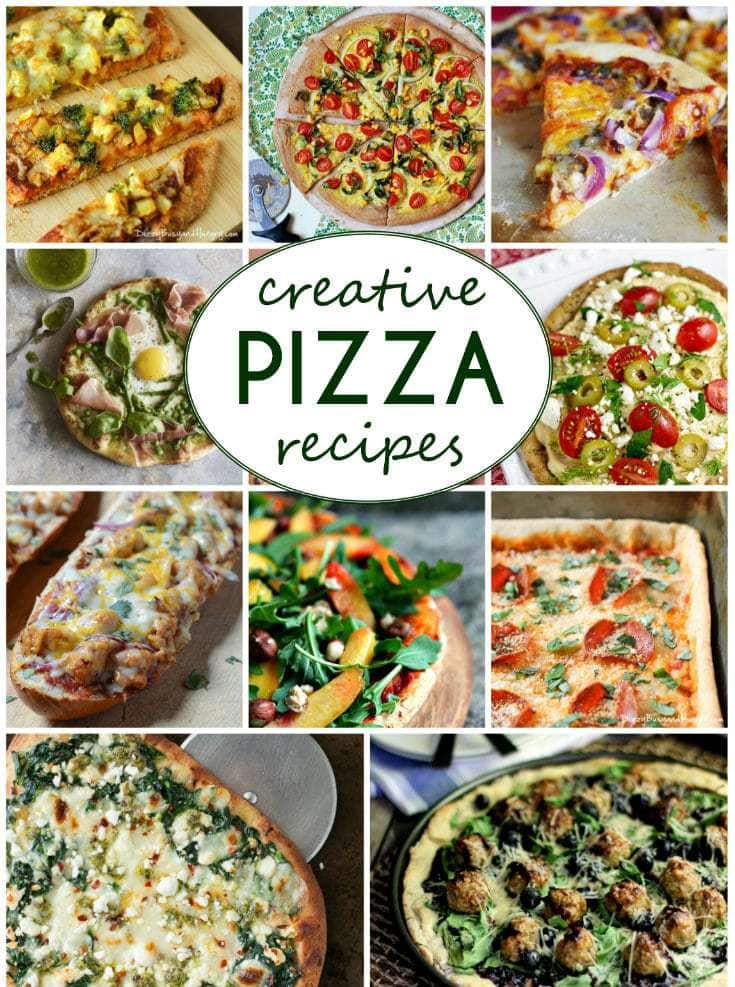 Collage of creative pizza recipes with the logo in the middle. 