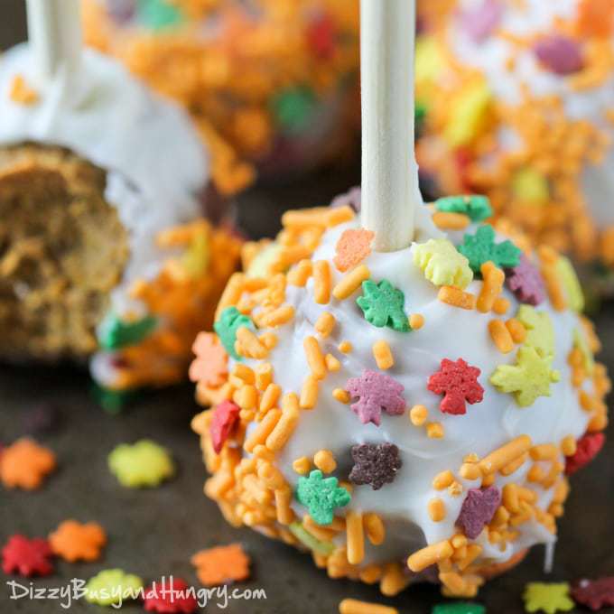 Close up view of pumpkin cake pops on a black surface. 