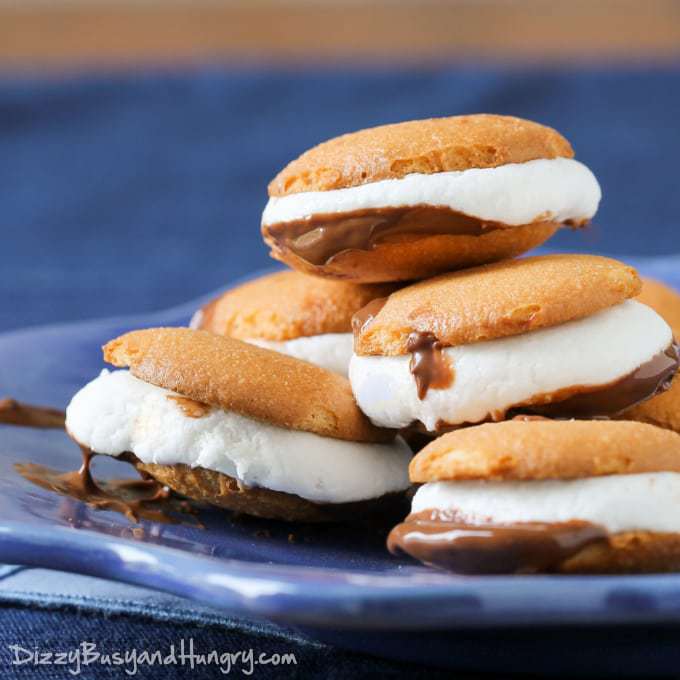 Vanilla Wafer Microwave S'mores | DizzyBusyandHungry.com - Cute, two-bite s'mores you can make in your kitchen in less than 5 minutes!