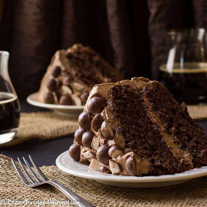 Close up shot of a piece of malted chocolate stout cake on a white plate with more pieces in the background. 