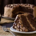 Side view of a slice of stout cake on a white plate with a fork on the side with the whole cake in the background.
