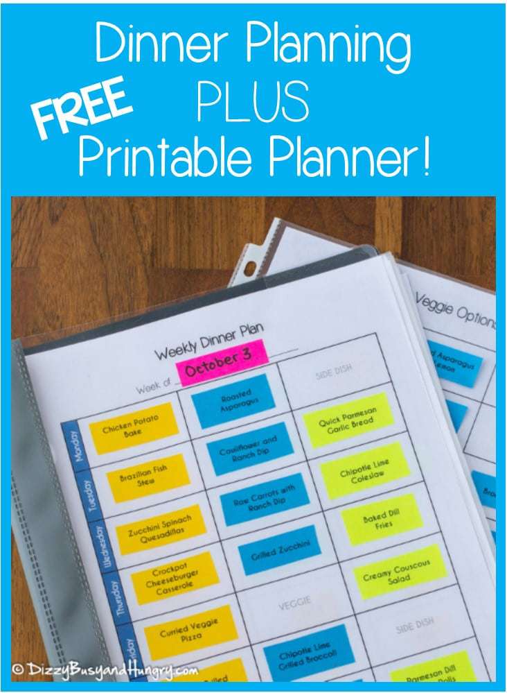 Sign that says \"Dinner Planning Tips Plus Free Printable Planner\" with a weekly dinner plan in a laminated folder below. 