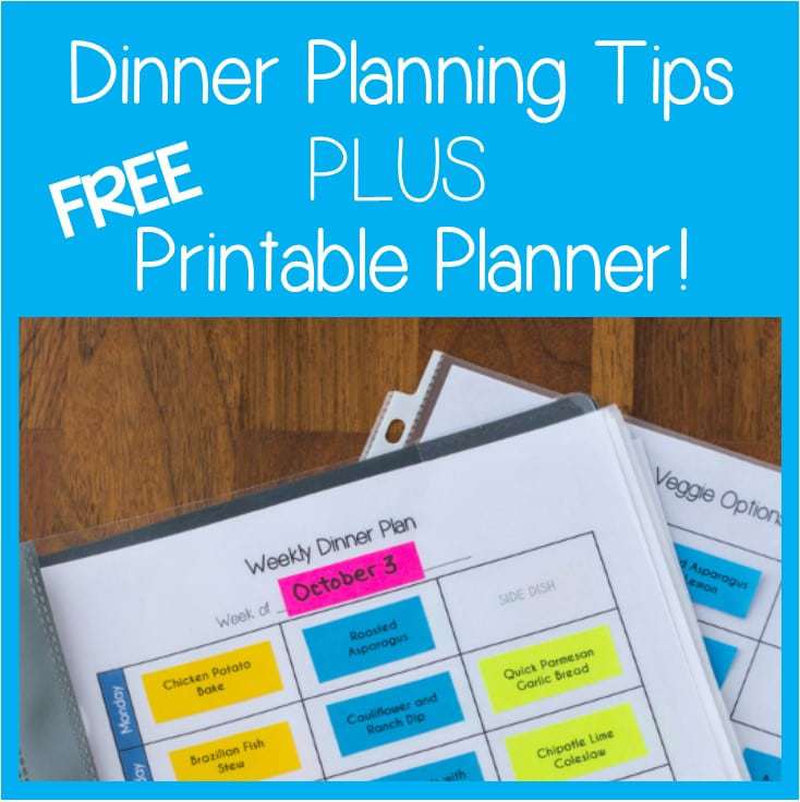 Close up of a sign that says "Dinner Planning Tips Plus Free Printable Planner" with a weekly dinner plan in a folder below.