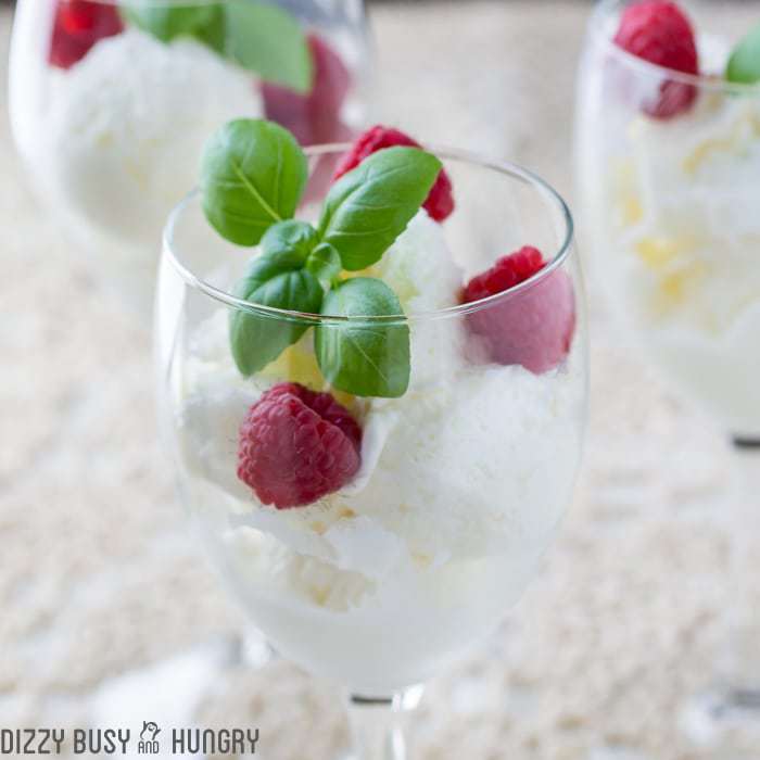 Close up shot of moscato ice cream in three wine glasses garnished with mint and raspberries. 