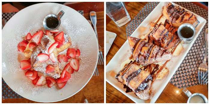 A collage of two dessert- The Grand Lux Cafe French toast and Churro French Toast on white plates sprinkled with powdered sugar. 