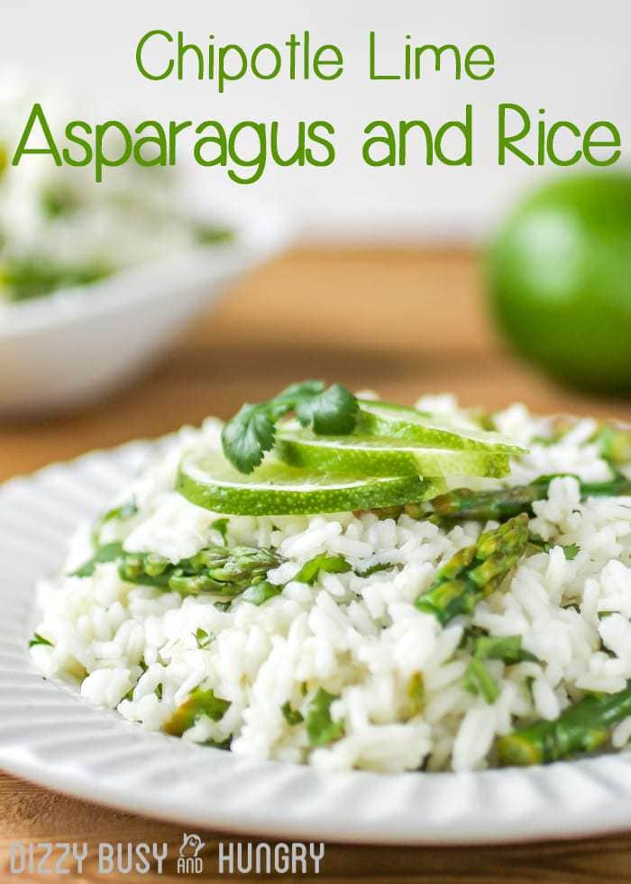 Side view of cilantro lime asparagus and rice garnished with cilantro and lime slices on a white plate. 