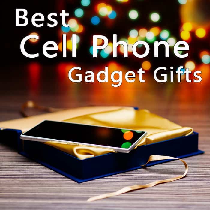Side view of a cell phone on a gold and blue gift box with the text "Best Cell Phone Gadget Gifts" written above.