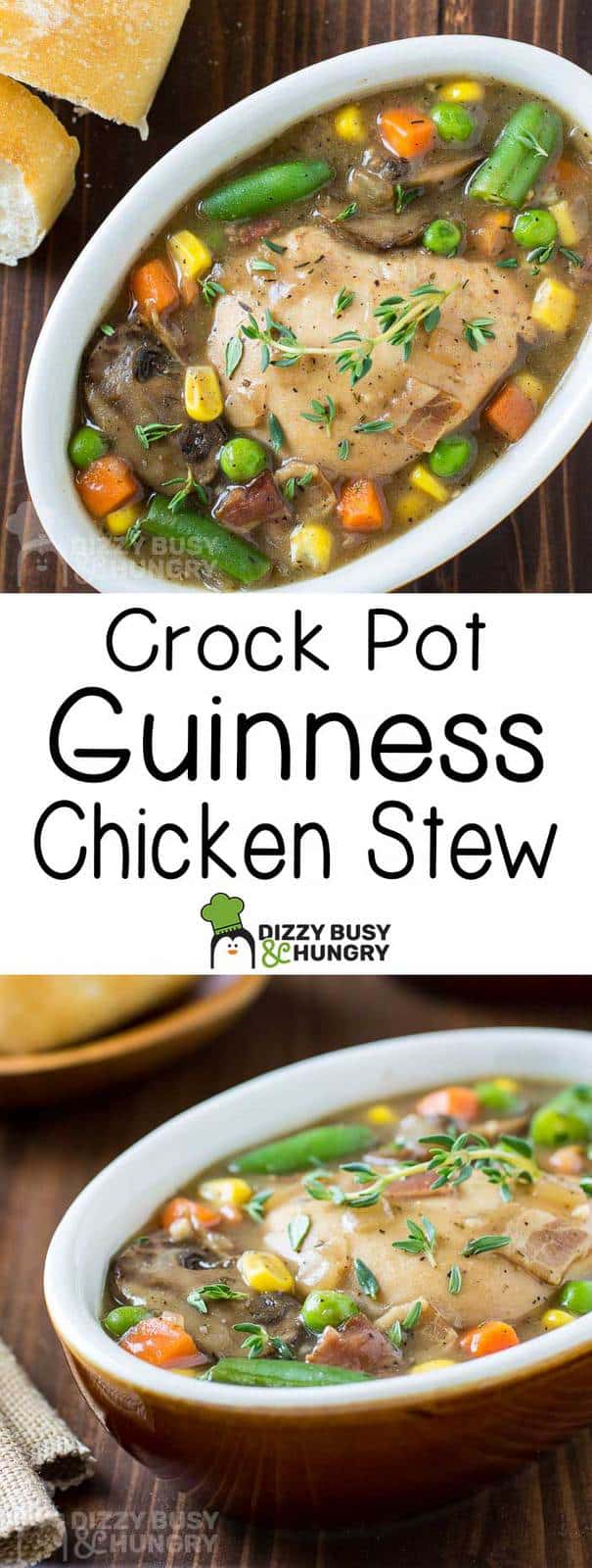 Overhead shot of crock pot Guinness chicken stew in a white bowl with rolls on the side. 