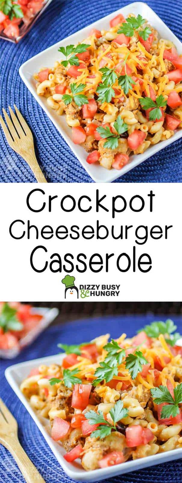 Close up shot of crock pot cheeseburger casserole on a white plate on a blue cloth with a wooden fork on the side. 