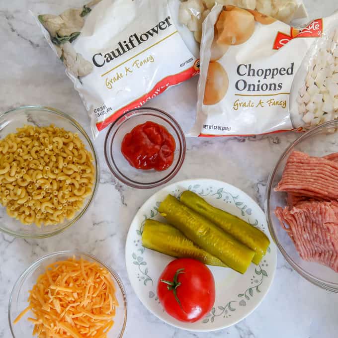 Overhead view of ingredients for cheeseburger casserole