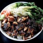 top view of chicken teriyaki bowl with bok choy and rice