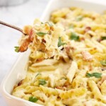 Front view of chicken and pasta cooked in a casserole dish