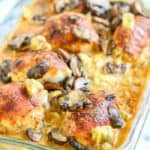 Top view of cooked chicken in a creamy mushroom and artichoke sauce - cheap chicken recipes