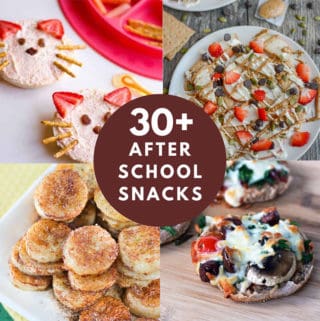 Collage photo with 4 snack recipes and a title in the center that says 30+ After School Snacks