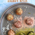 Top view of a grey plate with 7 energy bites shapped in a bowl - after school snacks