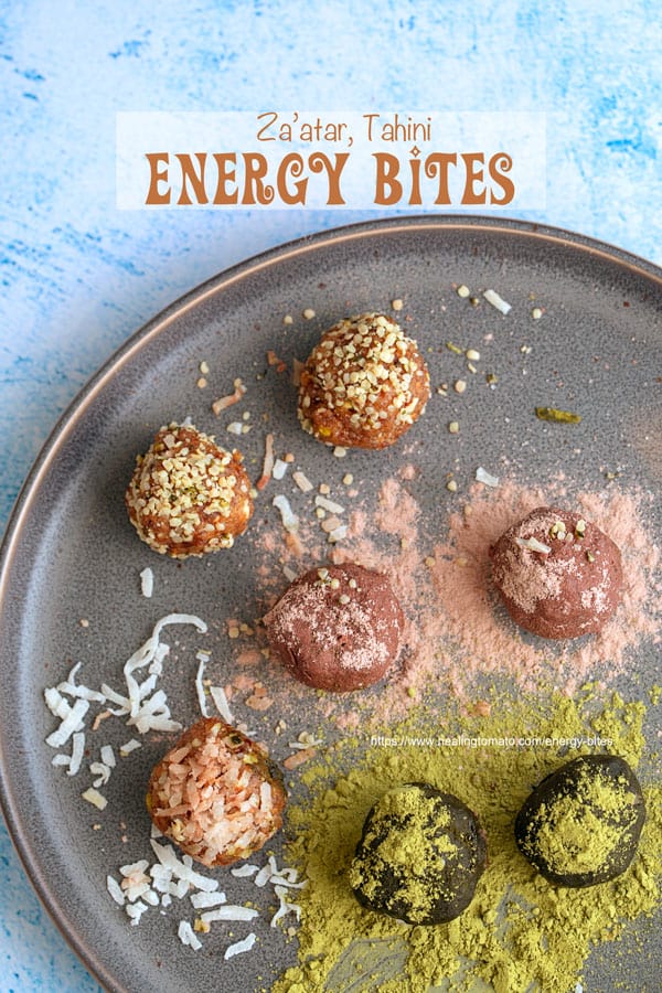 Top view of a grey plate with 7 energy bites shapped in a bowl - after school snacks