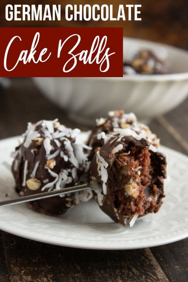 crossectional view of one German cake balls and 2 whole cake balls in the background