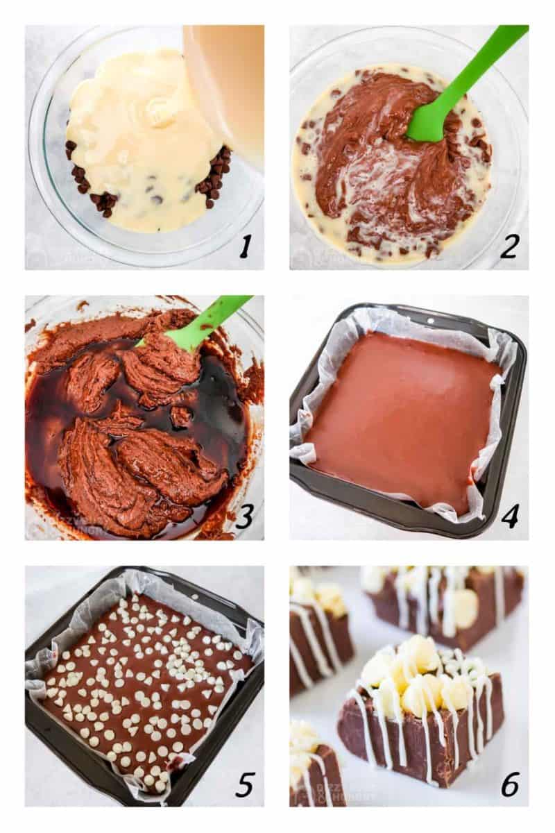 Process steps for easy fudge- mix all ingredients and let set in a pan.