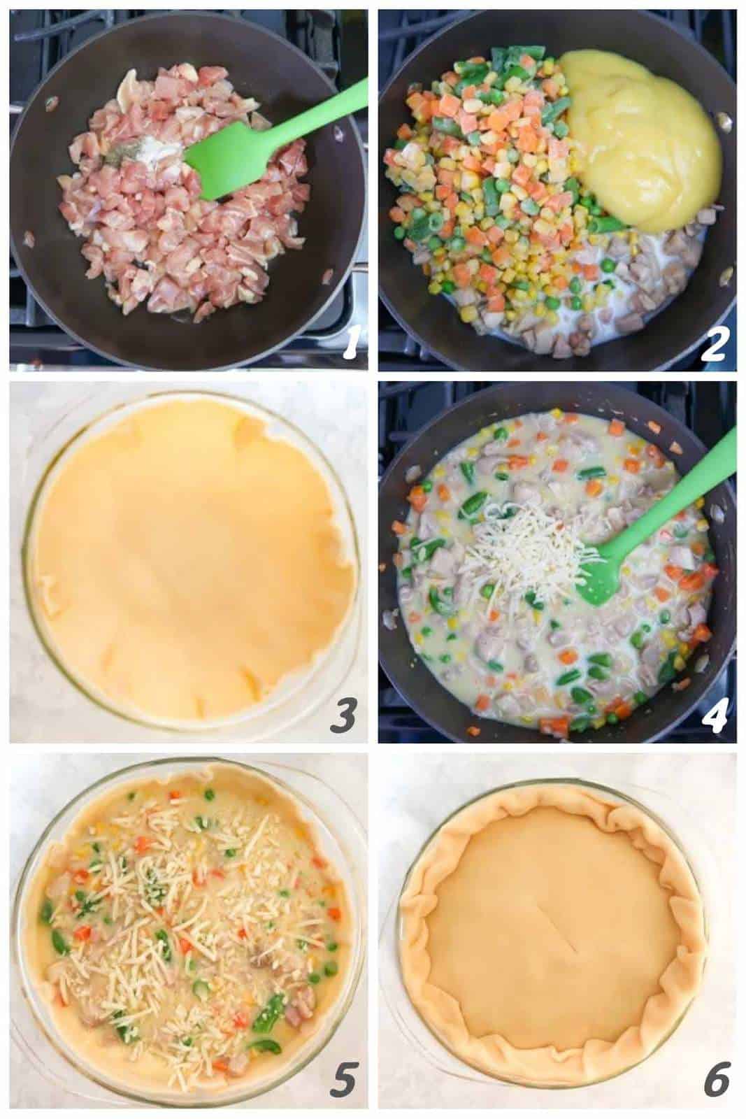 Six panel grid of combining ingredients to complete the chicken pot pie.