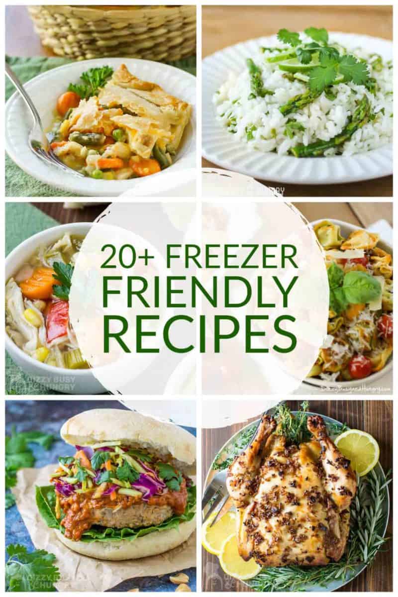 collage of 5 freezer friendly recipes like burgers or chicken or soup, etc