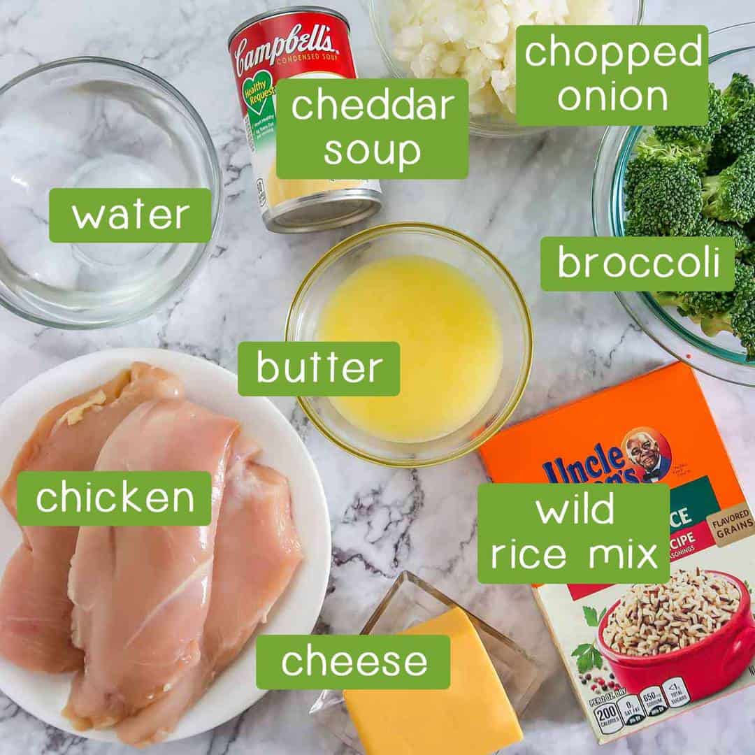 Overhead view of ingredients- water, cheddar soup, chopped onion, broccoli, butter, wild rice mix, chicken, and cheese.