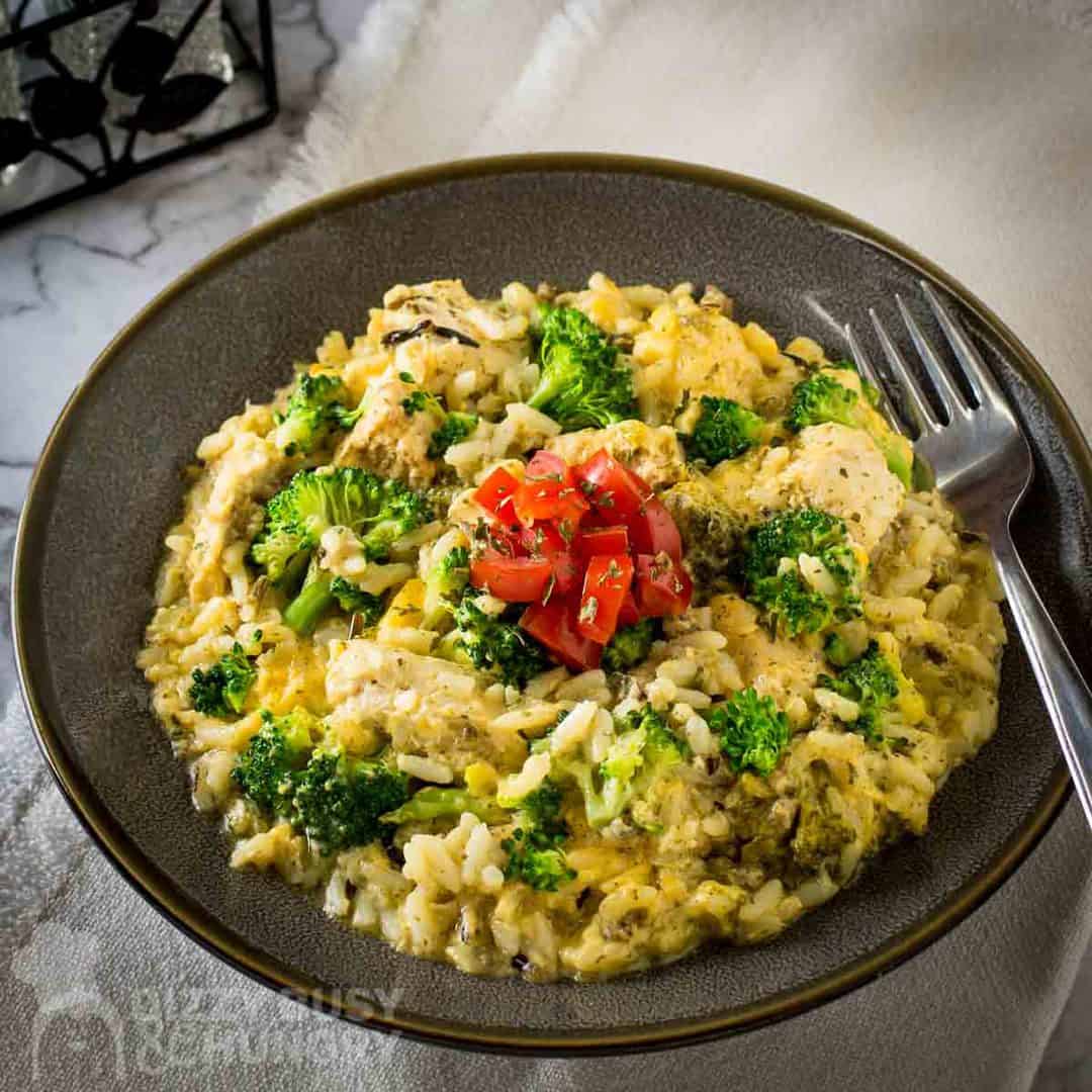 Overhead shot of cheesy chicken and rice in a brown bowl topped with chopped tomato.