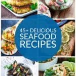 6 photo collage of seafood recipes - shrimp, mussels, fish tacos, crab cakes, salmon, crab