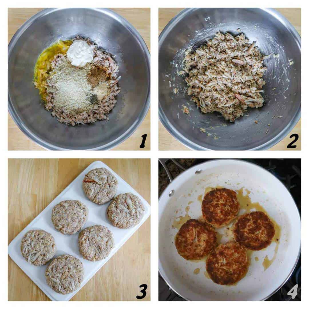 Four panel grid of process shots- combining ingredients, forming crab cakes, and frying them in a pan.