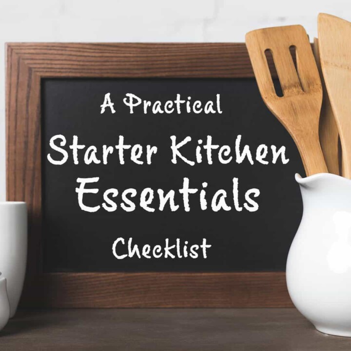 photo of a chalkboard that says 'a practical starter kitchen essentials list' placed next to a white pitcher filled with wood utensils