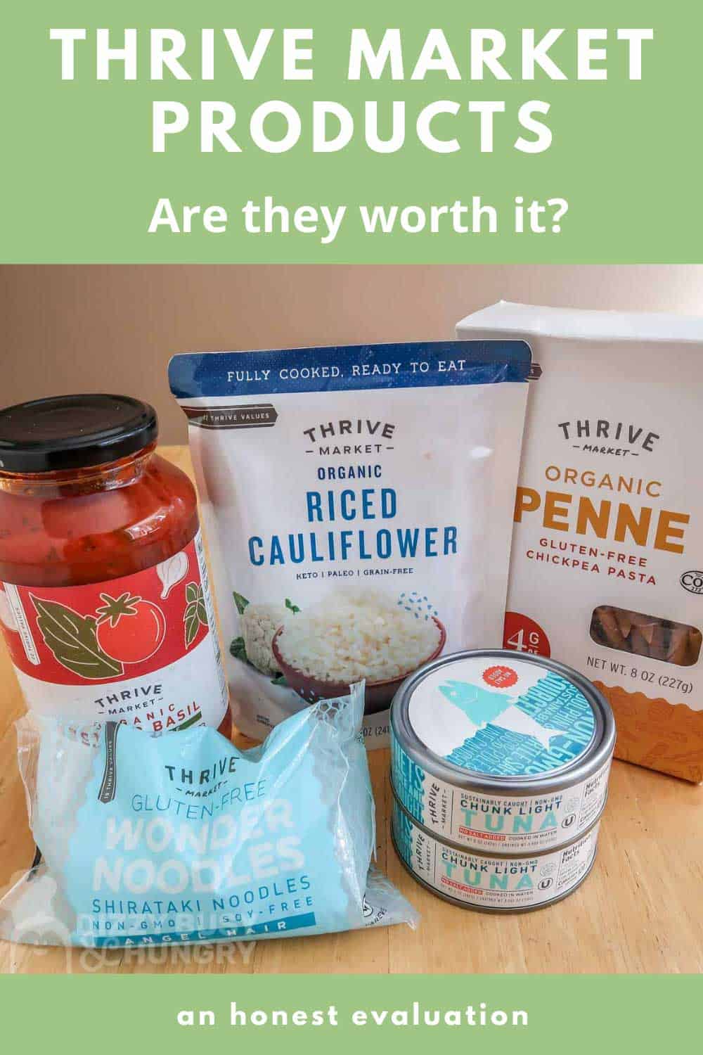 Photo of some thrive market pantry staples-pasta sauce, tuna, gluten-free pasta, riced cauliflower