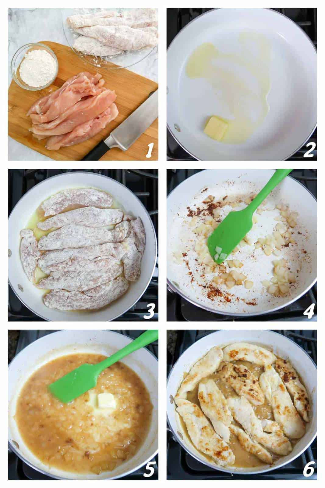 Six panel grid of process shots- breading chicken, combining ingredients in a pan, and cooking the chicken.