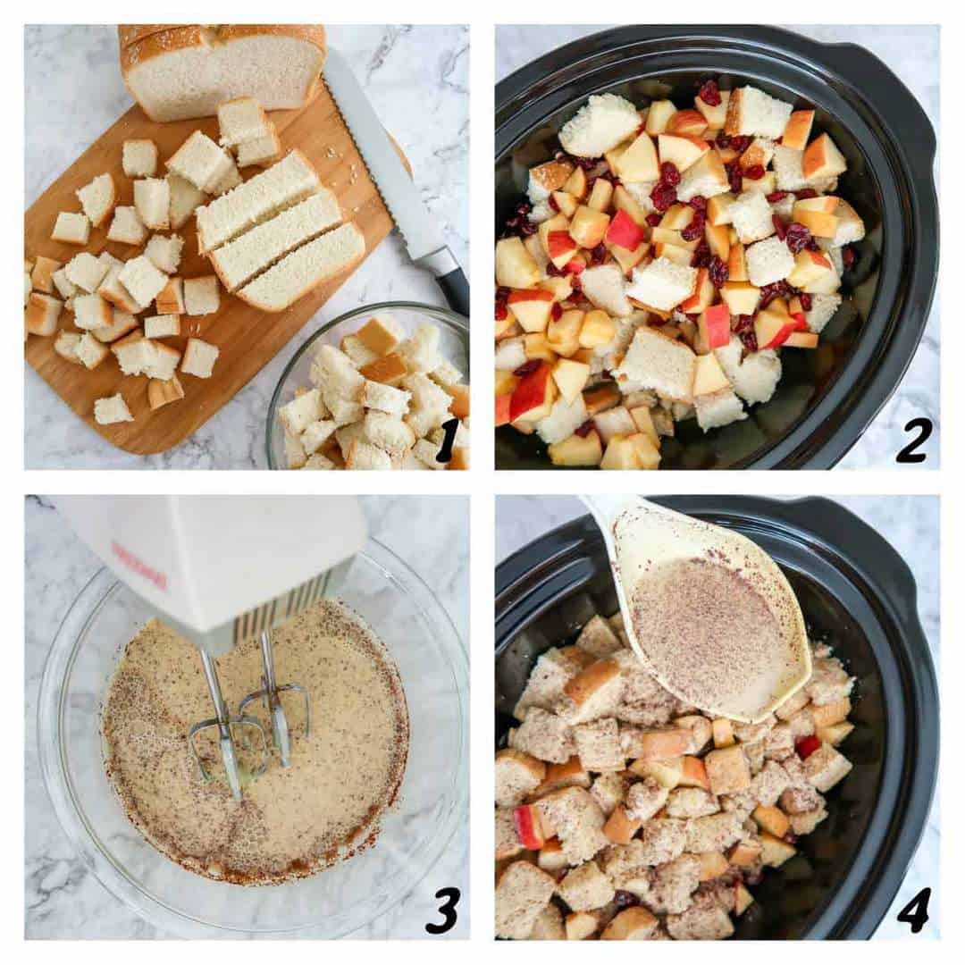Four panel grid of process shots- cutting up bread, mixing ingredients, and placing them in the crock pot.