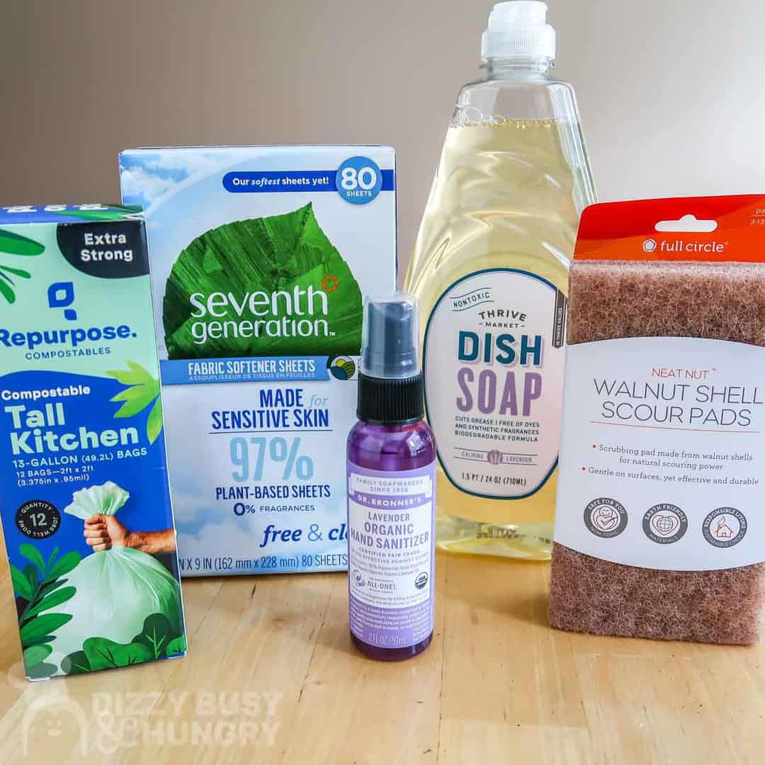 Photo of some thrive market household products like garbage bags, dryer sheets, dish soap, hand sanitizer spray.