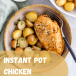 overhead view of chicken and potatoes in bowl with title