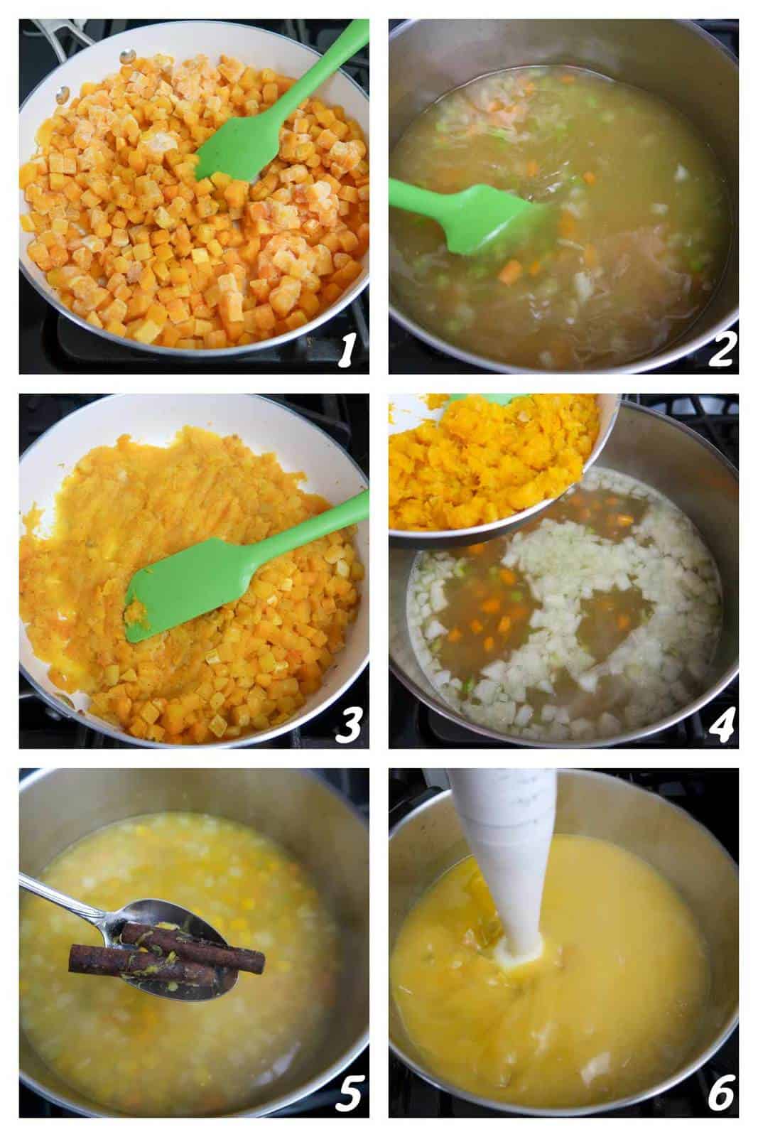 Six panel collage of process shots- mixing and cooking various ingredients in a pot over the stove.