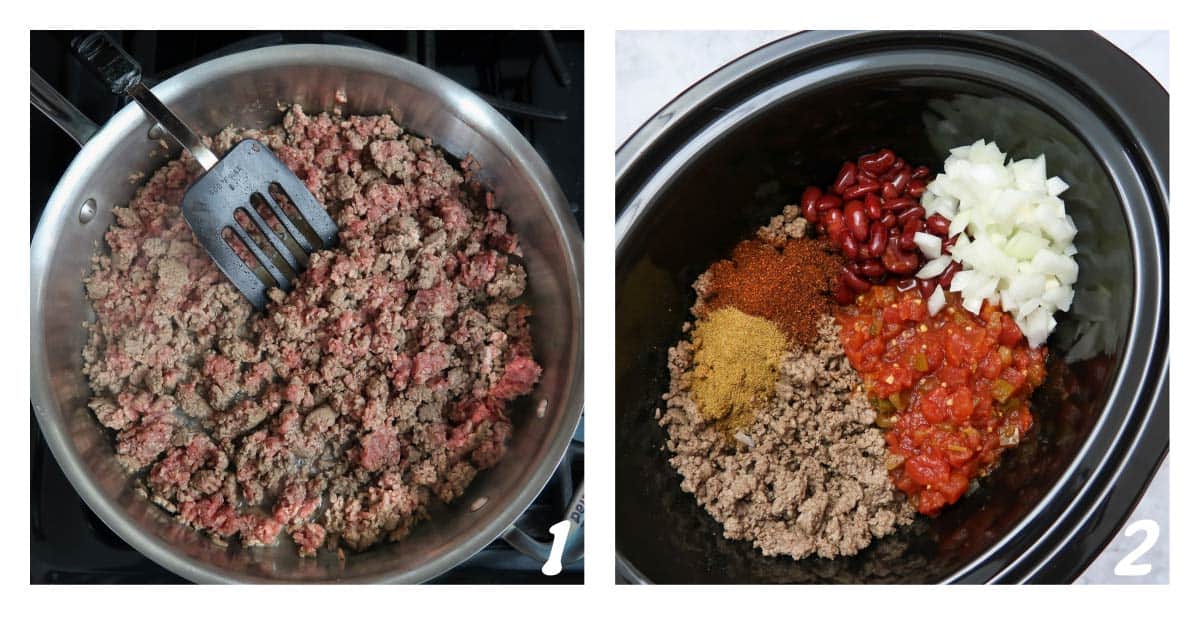 Two panel collage of process shots- cooking ground beef and combining ingredients in the crock pot.