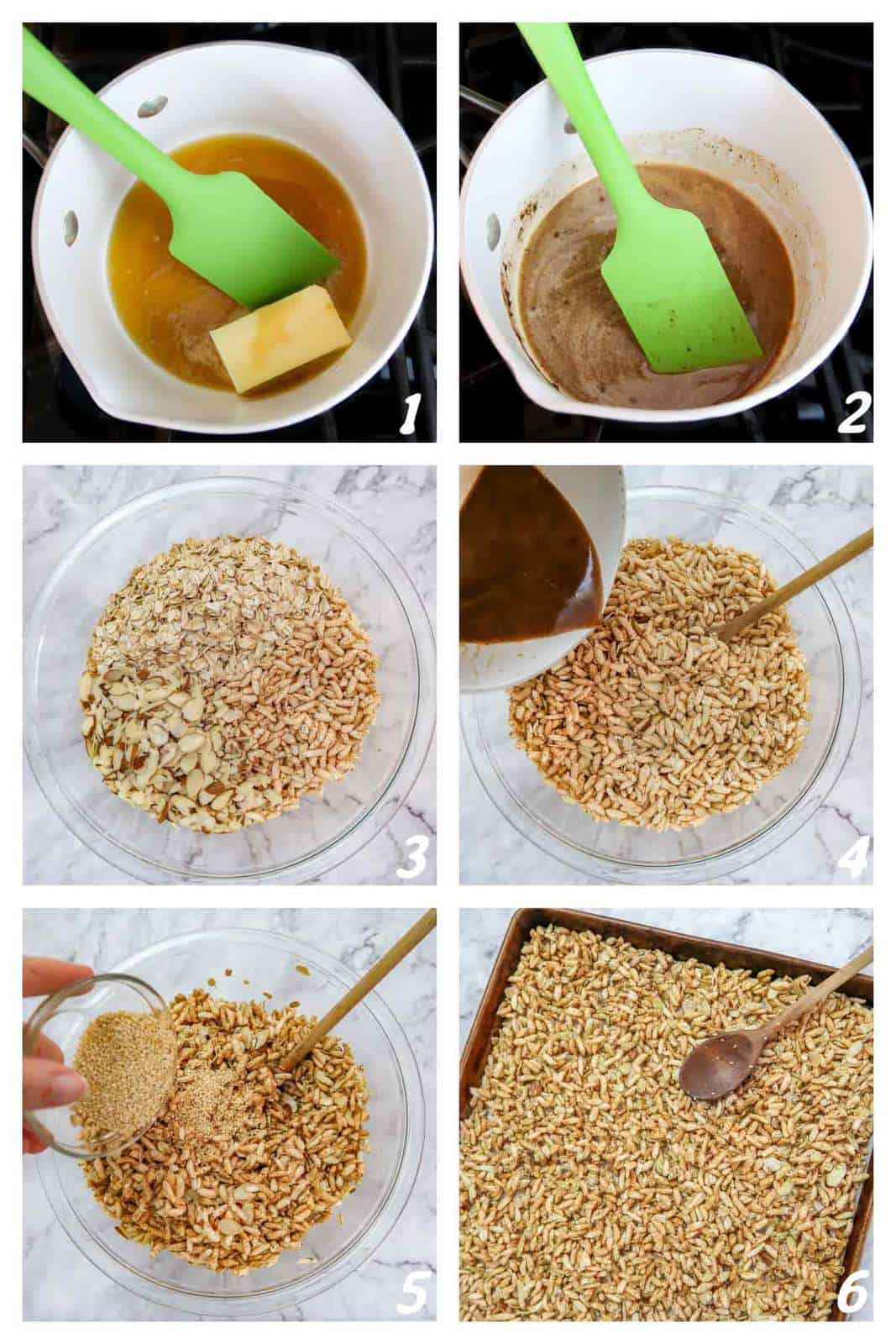 6 photo collage of the steps to make maple vanilla granola.